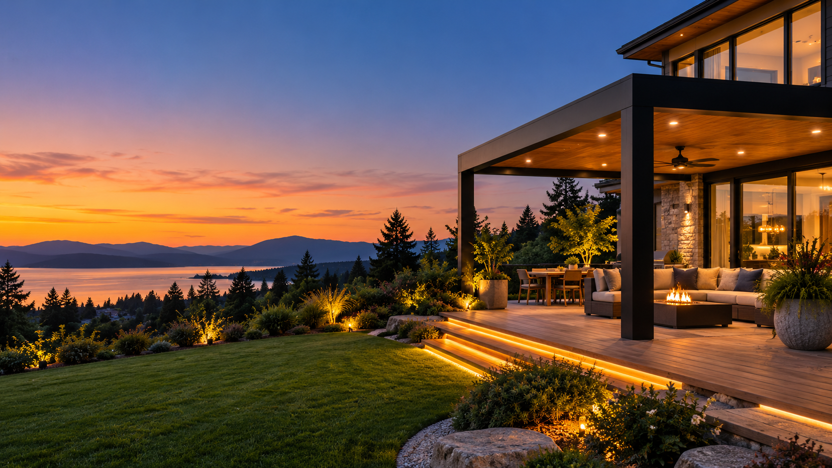 Modern outdoor living and landscaped backyard